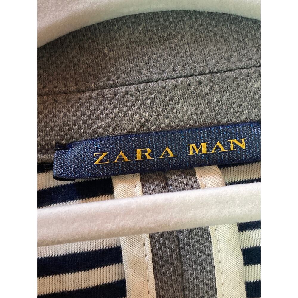 Zara Gray Knit Blazer Interior Cotton Stripes ~ Nautical Prep ~ Men S Women M/L - Picture 4 of 7